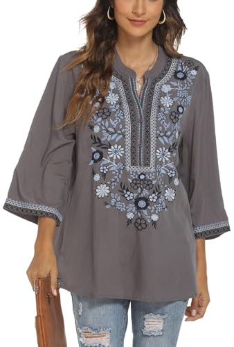Seasonal Damen Hippie Bluse Bohemian Mexican Top 3/4 Ärmel V-Ausschnitt Button-up Tunika Folklore Bluse Mit Stickerei(372,Grau-XL)