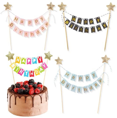 4 Piezas Feliz Cumpleaños Cake Topper, Happy Birthday Topper, Acrílico Glitter Topper Tartas Cumpleaños de Happy Birthday para Fiestas