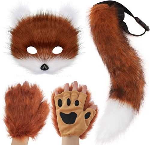 DRESHOW Fuchsschwanz Kunstpelz Flauschige Katze Wolf Plüsch Maske Halloween Party Kostüm Pfote Handschuhe Cosplay Set für Damen