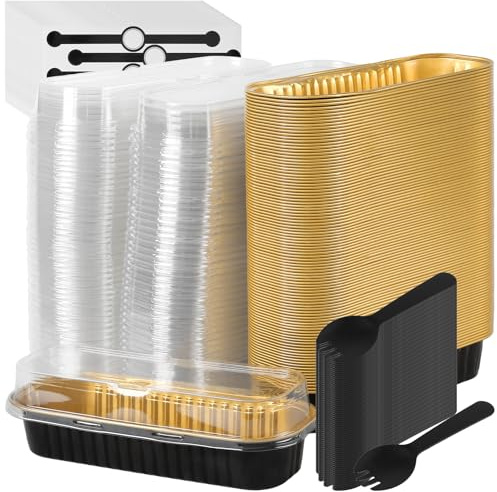 MAKTSAM 100 st mini brödformar med lock och skedar, 200 ml rektangulära aluminiumfolie bakformar med tätningsklistermärke för kakor puddingar bröd