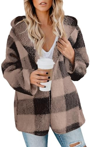 Cowyams Fleecejacke Damen Lang Plüschjacke Plaid Print Kuscheljacke Dicke Kapuzenjacke Warme Jacken Casual Fleece Mantel Lässige Vintage Wintermantel Einfachheit Stilvoller Fellmantel