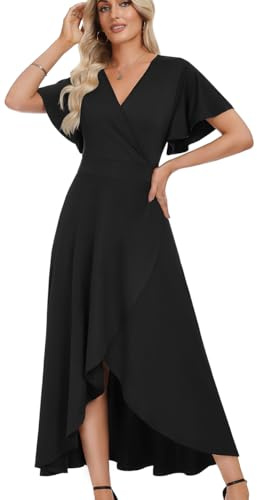 WEACZZY Semi Formal Dresses for Women V Neck Ruffle Sleeve A Line Dress | V Neck,Wrap,Elegant,Split,Ruffle Sleeve,A Line Dress,Wedding Guest Dresses,For Cocktail,Black,Small