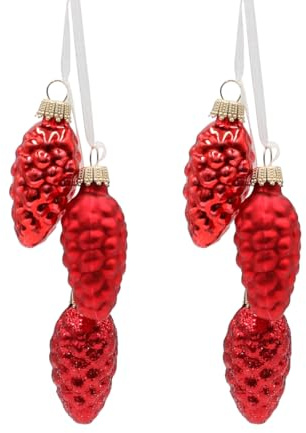 Elegant Lauschaer julgransdekoration – kräftglas Lauscha – julgransdekorationer glaskoner set om 2 med 3 tallkottar i rött med textilband 6 cm, glansig, matt, glittrande