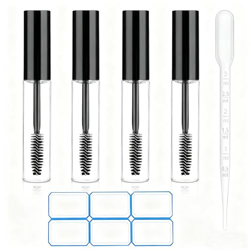 AskBed 4 Pack of 0.34 Oz (10ml) Empty Mascara Tube - Refillable, Leak-proof Plastic Mascara Bottles with Eyelash Wand and Labels Included