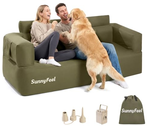 SUNNYFEEL Inflatable Couch for Camping with Built-in Pump - 2-3 Person | Heavy Duty Blow Up Sofa for Camping, Beach, Glamping or Home Use – Portable Inflatable Furniture for Festivals, Green