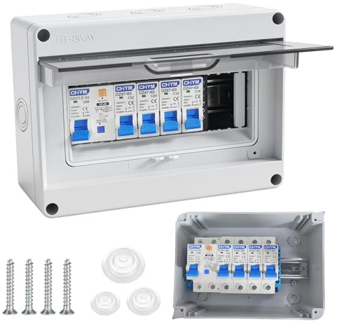 Sicherungskasten Aufputz, Verteilerkasten mit Fi Schutzschalter - IP65 Stromverteilerkasten für Wohnwagen Garagen Werkstätten Villen, Leistungsschalter 63A, AC Trennschalter 2x16A+20A+32A, 7 Module