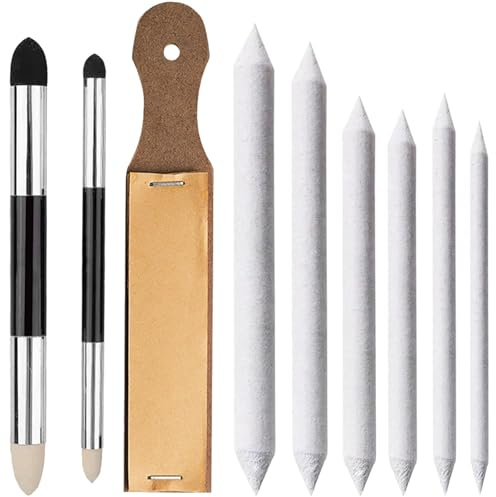 Papierwischer Set 9-teilig, Skizzen-Set, professionelles Zeichenzubehör mit Papierwischern, Abtön- und Verblend-Pinsel mit Doppelspitze und Schleifpapier-Stiftspitzer, geeignet für Skizzieren und Zeic