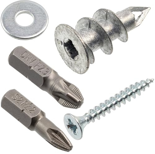 AERZETIX – Fästkit för gipsskivor: 10 ståldubbar Ø15x29 mm + 10 träskruvar Ø4x30 mm + 10 breda M4-brickor + 2 bits PZ2/PZ3 (1/4x25 mm)