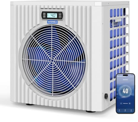 WARMBLU H5 Poolvärmare 5 kW, 20 m³ max pool, hög effektivitet COP 5,51 Energi Spara 45 % ovan, vattenflöde 2,2 m³, stöder WiFi-anslutning, luftkällans simbassängvärmare med uppvärmnings- och kylområde