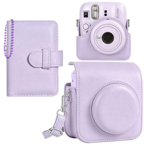HIYQIN Skyddsfodral för Instax Mini 13 12 Tillbehör Kit för snabbkamera | PU-läderfodral med filmficka, 32 fickor fotoalbum, bärväska med justerbar axelrem, magnetisk flip (lila)