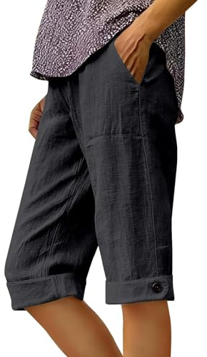 Générique Shorts Et Bermudas Femme en Lin Gaze De Coton Chic Uni Grande Taille Fluide Hotpants avec Poches Cordon Randonnée Jogging Pantalon Court Ample Mi-Saison Longueur Genoux