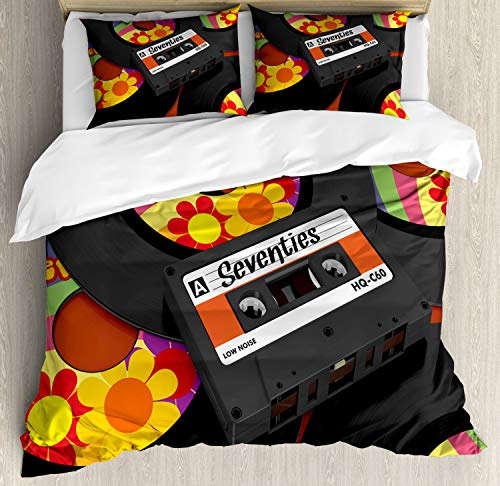 Ambesonne 70s Party Duvet Cover Set, Compact Cassette Player and Some Vinyl Records with Seventies Text Oldschool, Decorative 3 Piece Bedding Set with 2 Pillow Shams, King Size, Multicolor