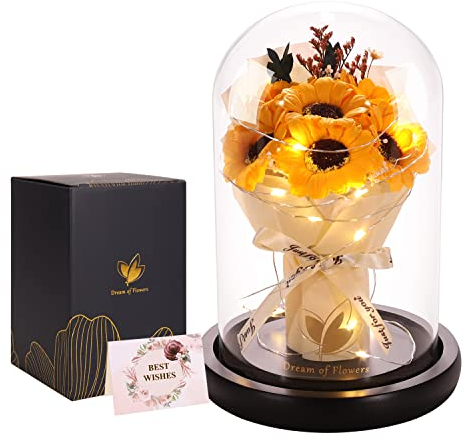 Mothers Day Sunflower Gifts for Mom,Preserved Artificial Rose Flower Gifts for Wife,Friends,Sister Sunflower Gifts for Her,Light Up Rose in A Glass Dome,Mothers Day Birthday Valentines Anniversary
