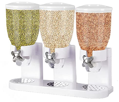 Aanlun Triple Cereal Dispenser Dry Food Dispenser Cereal Containers Commercial Cereal Dispenser Triple Food Dispensers Nut Candy Dispenser Three Canister for Kitchen,White