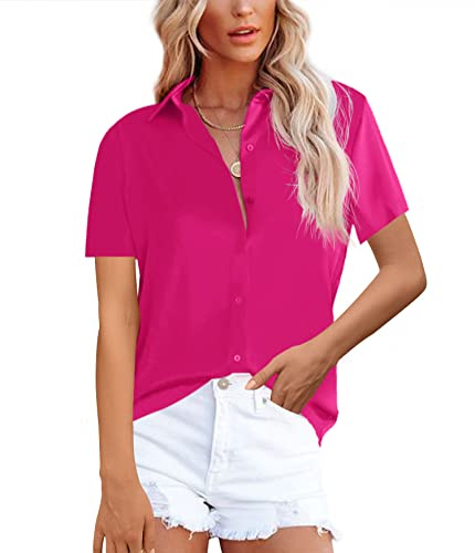 NONSAR - Camicetta da donna, elegante, a maniche lunghe, con colletto alto, da ufficio, casual, Maniche corte rosa.
