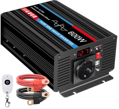 JIGUUN 600W Reiner Sinus Wechselrichter Spannungswandler 12V auf 230V Inverter Konverter Spitzenleistung 1200W mit 1 Steckdosen & 2.1AH USB-Ausgang - Kabellose Fernbedienung und LED-Anzeige