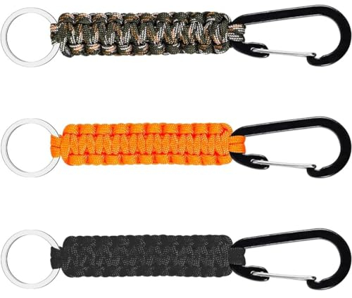 VIVIIHOO Ensemble de Porte-clés en paracorde 3 pièces en Noir et Orange et Camouflage, Mousqueton et lanière tressée pour équipement de Camping en Plein air, de randonnée et de Survie - 15.6cm