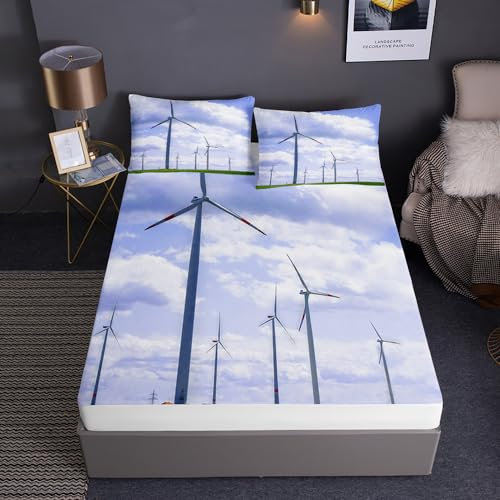 Surwin Sabanas,3D Molino Juego de Sábana Incluyen 1 Sabana Bajera y 2 Funda de Almohada,Bed Sheets Microfibra para Colchones de hasta 30 cm de Altura (150 * 200 * 30,Molino Viento eléctrico)
