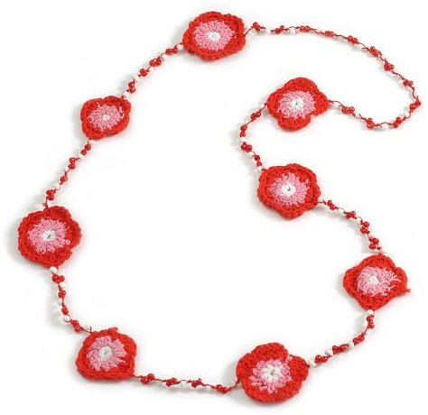 Avalaya Collana lunga fatta a mano con perline di vetro rosso/rosa/bianco all'uncinetto floreale rosso fuoco/bianco, lunghezza 100 cm