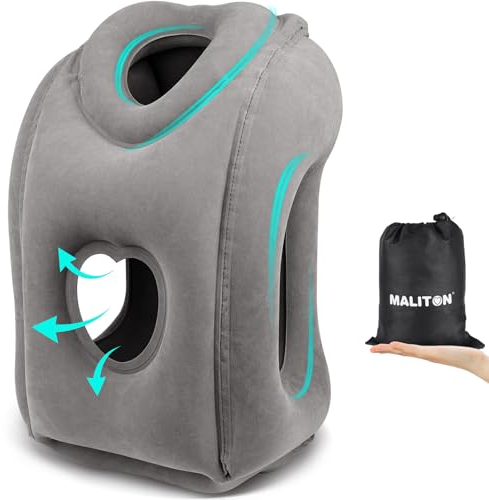 Maliton Almohada de Viaje Inflable Almohada Cervical de Viaje portátil cojín de Apoyo Cervical cómodo Apoyo Cabeza y Barbilla para Coche, avión, Gris Oscuro