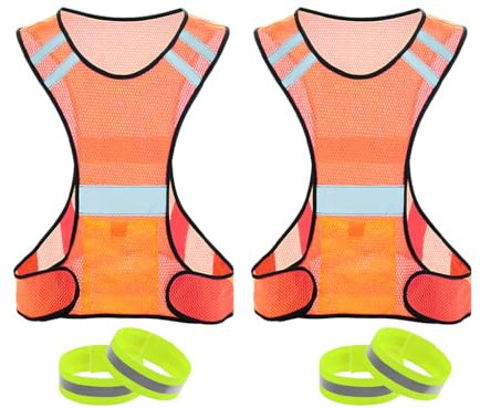 Kellegour 2 Stück Reflektierende Weste Set,Reflektierende Sicherheitsweste,Einstellbare Reflektoren,Warnweste Reflektierende,mit 4 Reflektorbander,Laufweste,für Laufen,Joggen,Wandern,Radfahren,Orange