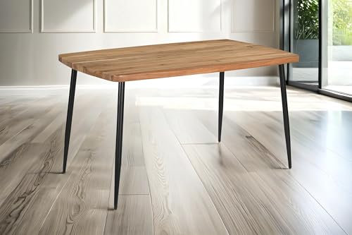 SAM Esstisch 140 x 80 cm Irene, Holztisch aus Akazie, naturfarben + massiv, Gerade Kante, bootsförmiger Esszimmertisch mit konischem 4-Fuß-Gestell aus Metall Schwarz