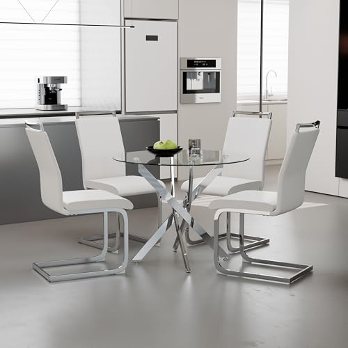 GOLDFAN Esstisch mit 4 Stühlen Runder Esszimmer-Set, 80cm Küchentisch aus Glas und 4 Stühle für Küche, Esszimmer, Wohnzimmer und Büro (Weiß)