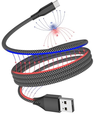 Mefold Magnetisches USB C Kabel 1M, Spiralförmiges USB A zu USB C Ladekabel, Verwicklungsfreies Magnetkabel für Handy, Smartphone, Schnellladen, Robust & Flexibel, Schwarz