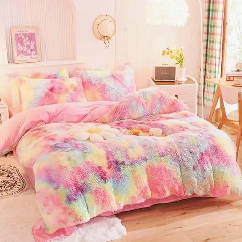 Gezu Housse de Couette Hiver Peluche 220x240 Arc en Ciel Dégradé Flanelle Parure de lit 2 Personnes Sets de Housse de Couette Chaude Linge de Lit Luxe avec 2 Taies d'oreiller 65x65 et Fermeture Éclair