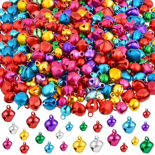 300 Stück Glöckchen zum Basteln, 6 mm, 10 mm, 12 mm, Bunte Bastelglöckchen, Großpackung, PLULON, kleines Metall-Cascabeles-Ornament für Weihnachtsbaumkränze, Geschenk-Strumpffüller