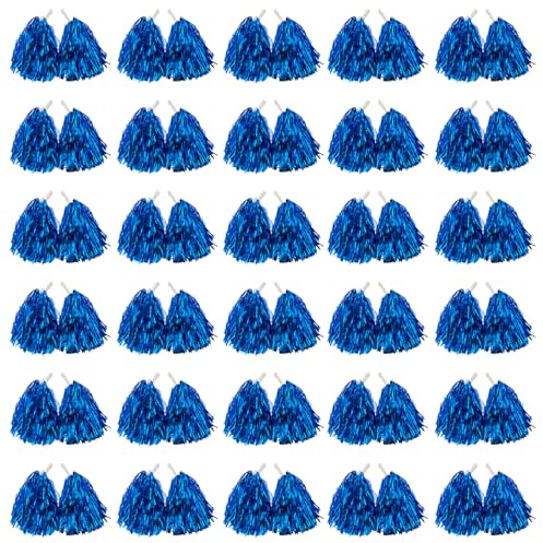 60pcs Cheerleader Pom Poms with Baton Handle Blue Metallic Pompoms for Kids Adults Sport Team Party Dance Cheering