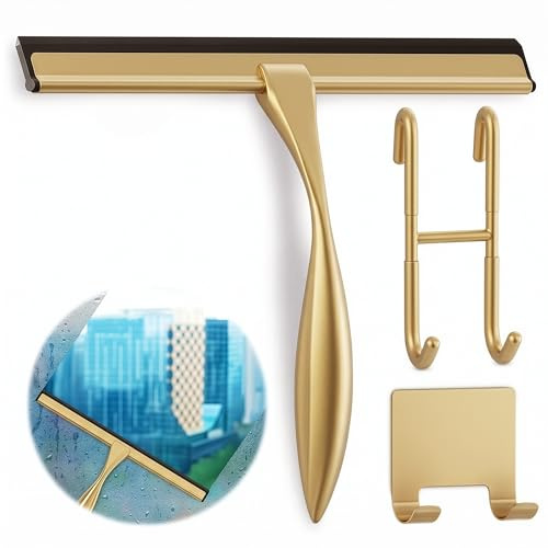 Lavavetri per porta della doccia, 30,5 cm, color oro, per vetro doccia con corpo in acciaio inossidabile, lama in silicone, adesivi e ganci per appendere specchi, piastrelle, finestre, bagno, auto