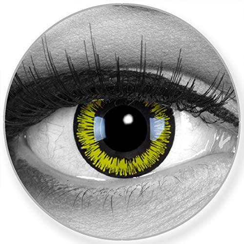 Funnylens Farbige gelbe Kontaktlinsen Yellow Lunatic - weich ohne Stärke 2er Pack + gratis Behälter – 12 Monatslinsen - perfekt zu Halloween Karneval Fasching oder Fasnacht
