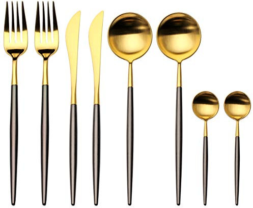 MORGIANA 8 Pieces Black and Gold Flatware Sets,18/10 Stainless Steel Cutlery Set Glossy, Utensil Set, Gold Dinnerware Set,Dinner Knife Spoons Forks Teaspoons, Service for 2 (Black)