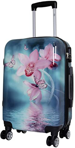 Trendyshop365 Handgepäckkoffer Motiv Schmetterling mit Orchidee 56 cm 36 Liter 4 Räder Bunt Zahlenschloss