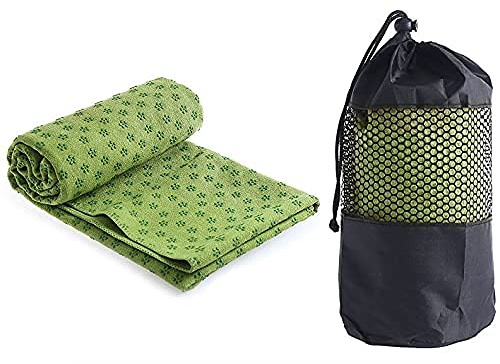 Serviette de tapis de yoga en microfibre, antidérapant et adhérence humide, serviette de yoga avec points en PVC anti-saut, Pilates, sports, fitness, maison, plage, voyages, camping （vert,183 * 61cm）