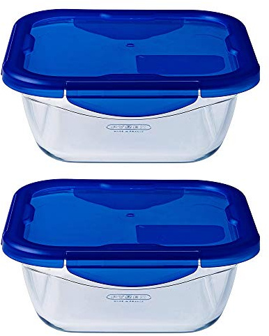 Pyrex Easy Wash Cook & Go Square Container with Lid Medium 1.9 Litre Blue (Pack of 2)