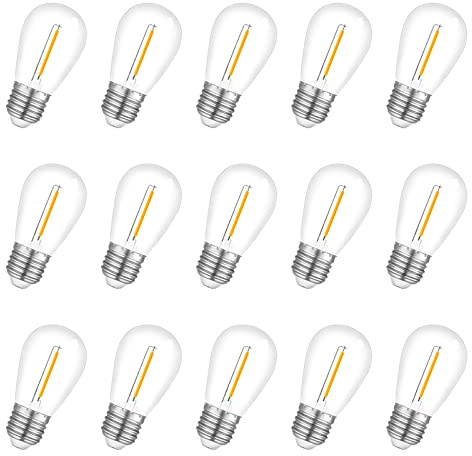 Visther DC 3V Low Voltage Solar String Light Bulbs Replacement, Waterproof S14 E26 LED Bulbs, 1W 100LM 2700K, 15-Pack, Warm White