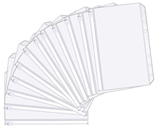 12 Stück Prospekthüllen A5 Größe 6 Löcher Binder Taschen Binder Reißverschluss Durchscheinende aus Kunststoff Wasserdicht Zip Verschluss Lose Blatt Taschen für Dateien Dokumente Notizbücher Karten