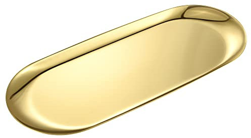 Gold Oval Vanity Tray, Stainless Steel Jewelry Organizer, Bathroom Storage, Makeup Cosmetic Holder, Towel Napkin Tray, 11.8 x 4.8 Inches (LxW), Large