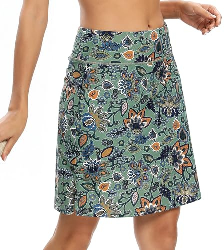 M MOTEEPI Tennisrock Damen 20'' Knielang Mit Hose Drunter Hohe Taille Hosenrock Skort Skirt for Women Golfrock Sportrock Midi Sommer Mit Taschen Innenshorts Gypsophila XL