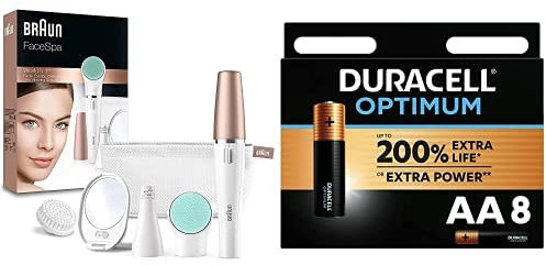 Braun FaceSpa Depiladora Facial Mujer 3 en 1 con Cepillo Limpiador y de Masaje, 851, Blanco + Duracell - Pilas alcalinas Optimum AA, 1.5 Voltios LR6 MX1500, paquete de 8