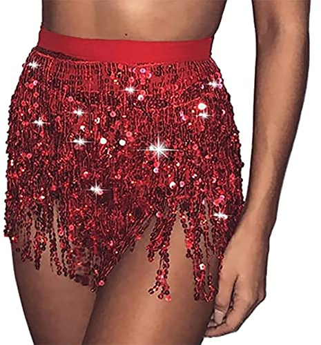 Carufin Gonna di Danza del Ventre da Donna Cintura con Paillettes Gonna con Nappe Sciarpa Avvolgente per l'anca Costume da Festival di Musica Rave (Rosso)
