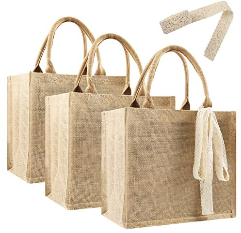3 grandi sacchi di iuta Sacchi di iuta riutilizzabili con nastro da 5 metri Borsa regalo in tela bianca