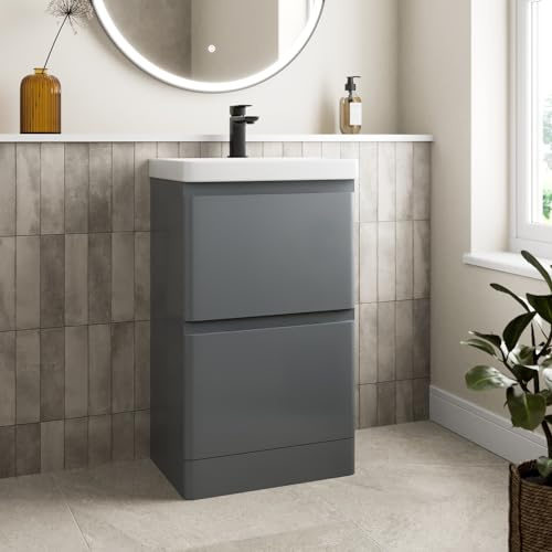 Affine® 500mm Vanity Unit Wash Basin Sink Bathroom Floor Standing Storage Cabinet Cupboard Cloakroom, Soft Close Drawers, Grey Gloss