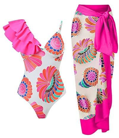 Saymany Damen Einteiler Sexy Einteiler mit Bedruckt Langer Rock Set Bikini Set Mode Boho Strandurlaub Schwimmanzug mit Strandrock Schwarz, Pink, Rot, Marineblau, Weiß S, M, L, XL