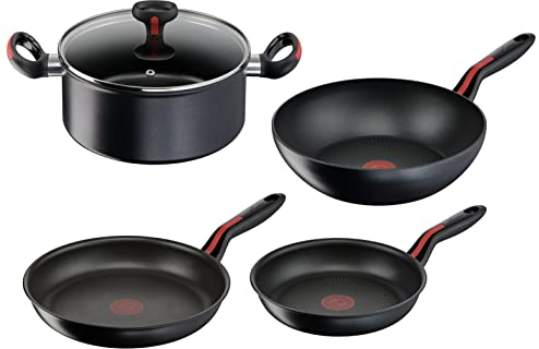 Lagostina Ligne Rouge Lot de 5 poêles Ø 22/24 cm, Casserole Ø 24 cm avec Couvercle, Wok Ø 28 cm, Induction, gaz et Four, indicateur de Cuisson thermosignal, Fond en Acier Inoxydable et Aluminium