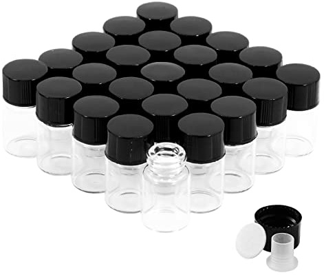 Cadbibe Lot de 25 flacons en verre transparent de 2 ml avec bouchon à vis et bouchons en plastique, petites bouteilles en verre anti-fuite pour liquide, poudre, échantillons et petits objets
