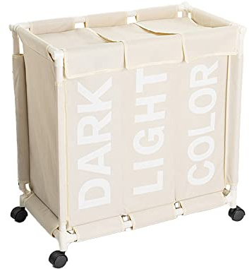 UNISTRENGH - Cesta de lavandería (tejido Oxford, bandeja de lavandería, cesta de almacenamiento impermeable, 3 compartimentos con ruedas, 61 x 35 x 65 cm), color blanco