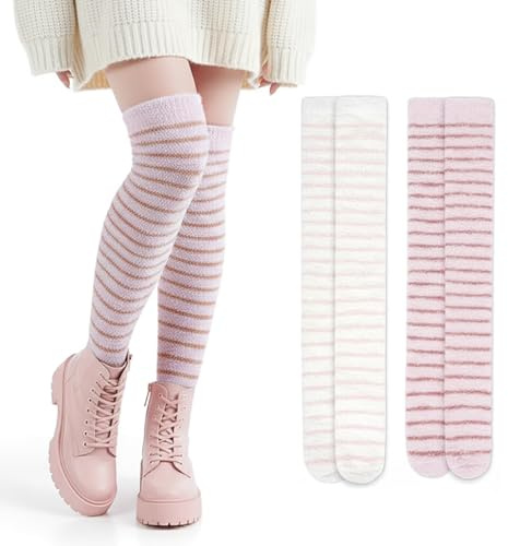 CoolChange 2 Paar Ringelstrümpfe | kuschelige Kniestrümpfe | Overknee Plüsch Socken | Rosa
